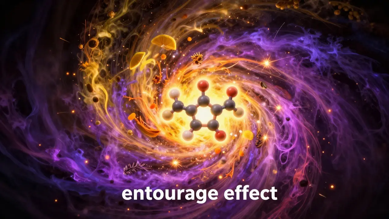 Konceptuální zobrazení entourage efektu s CBD molekulou a barevnými terpeny.