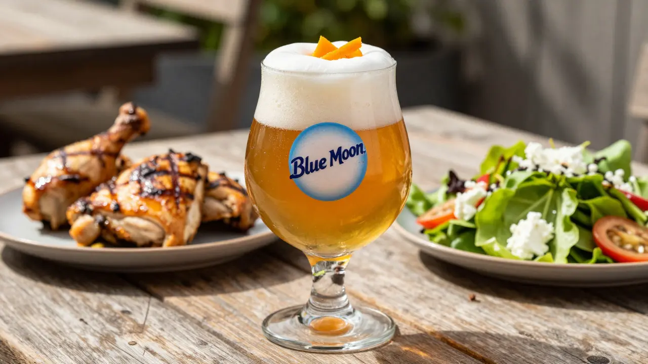 Pivo Blue Moon v weizen sklenici s grilovaným kuřetem a salátem.