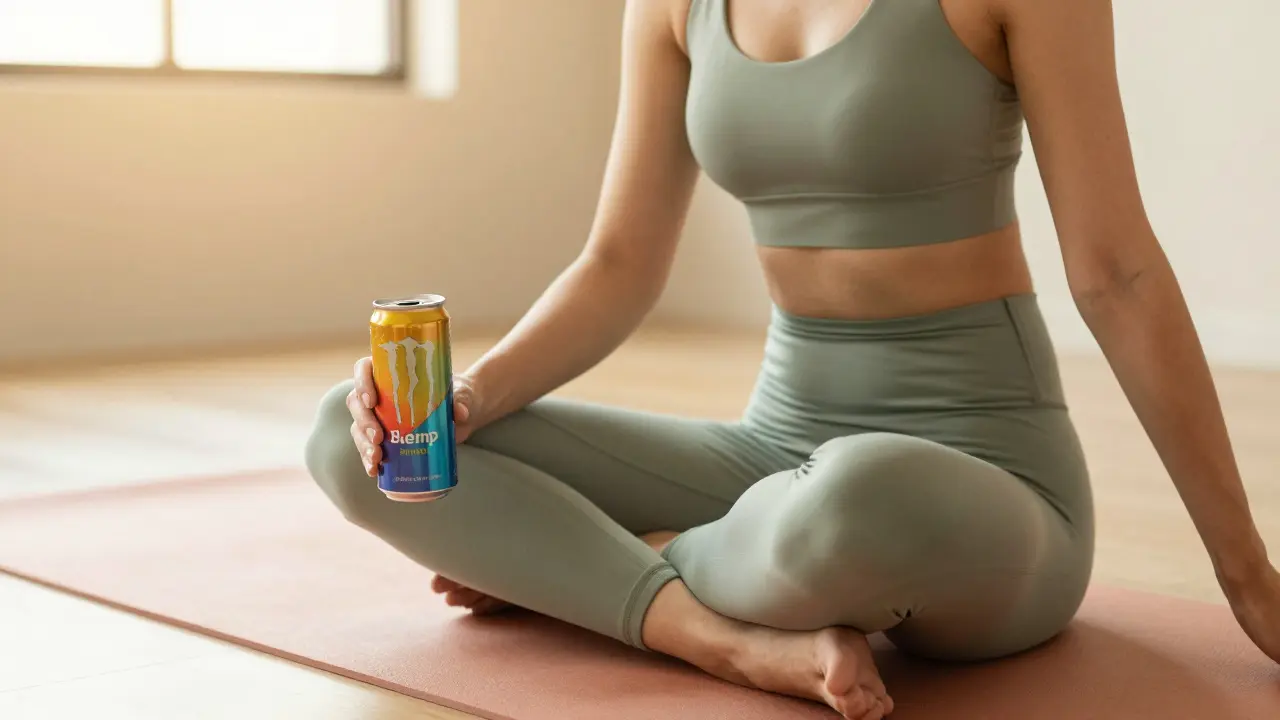 Sportovně oblečená osoba s konopným drinkem v rukou během relaxace po tréninku.