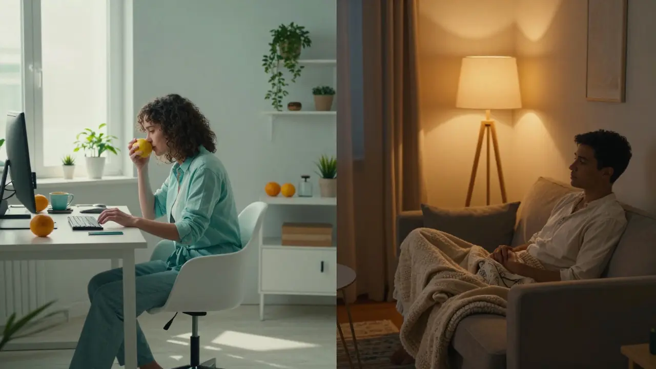 Srovnání aktivního dne s Sativou a relaxačního večera s Indicou v rozděleném obraze.
