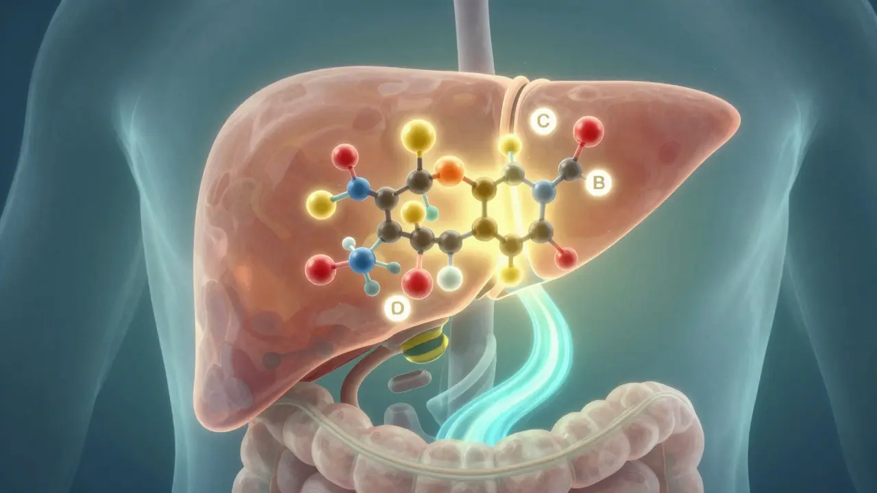 Abstraktní ilustrace molekuly CBD procházející játry a střevním traktem.