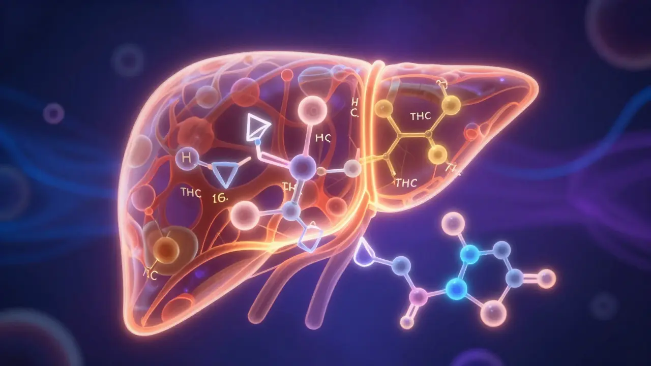 Abstraktní vizualizace metabolického procesu THC v těle