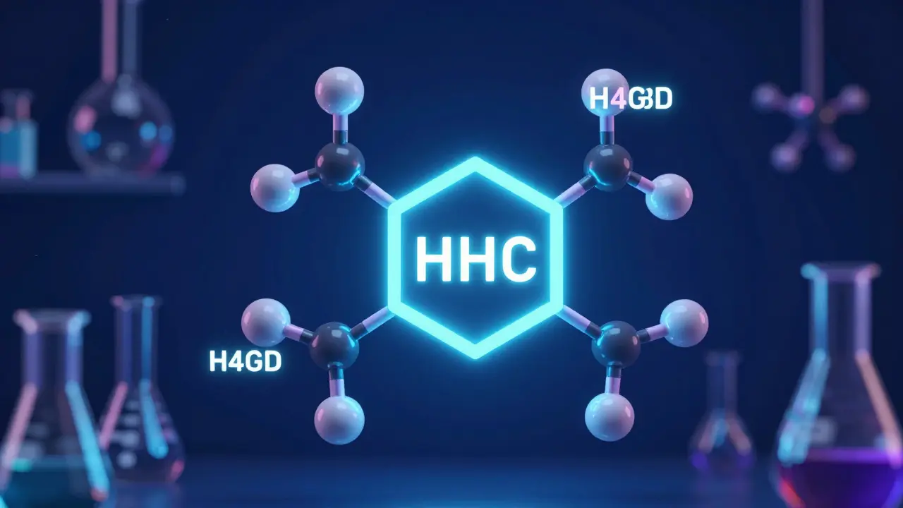 Abstraktní vizualizace molekul HHC a H4CBD