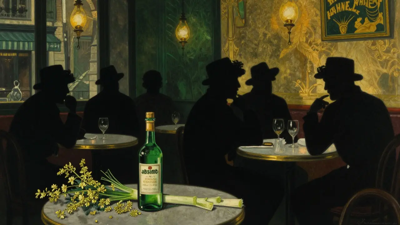 Atmosférická scéna pařížské kavárny z 19. století s láhví absintu