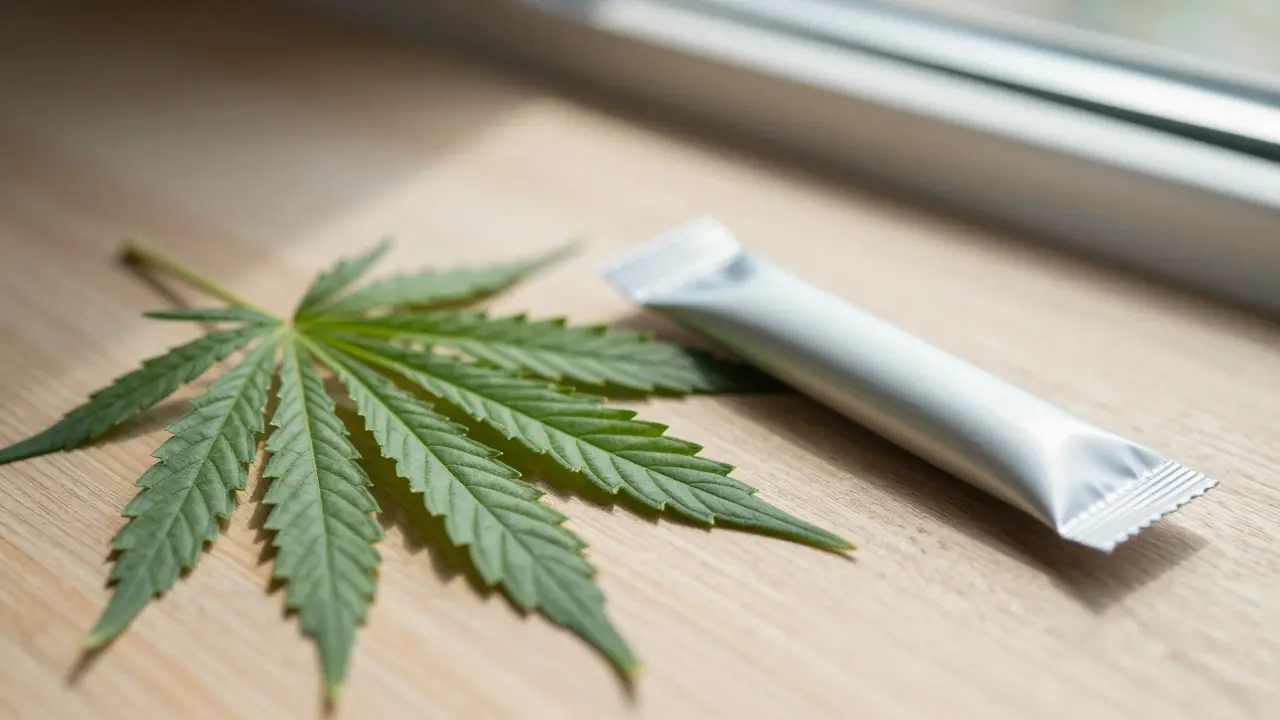 Detailní záběr na konopný list a balení žvýkačky s THC