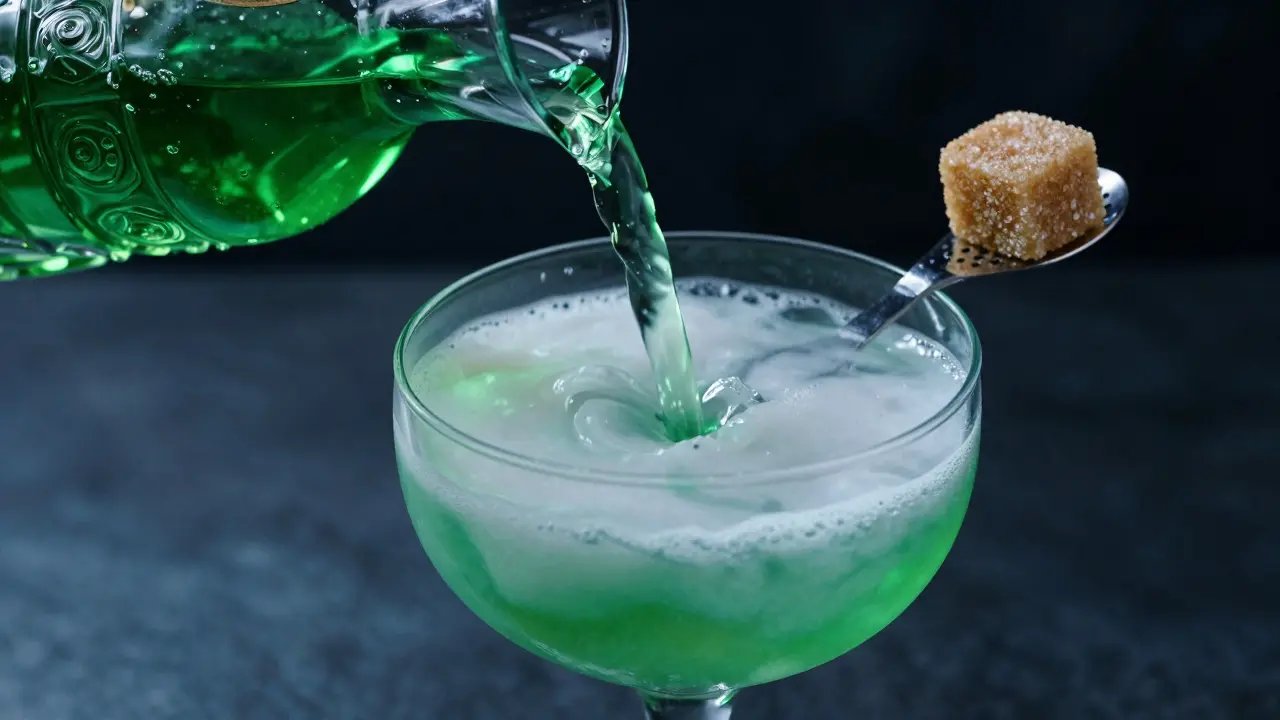 Efekt louche: zakalování zeleného absintu při přidání studené vody do sklenice