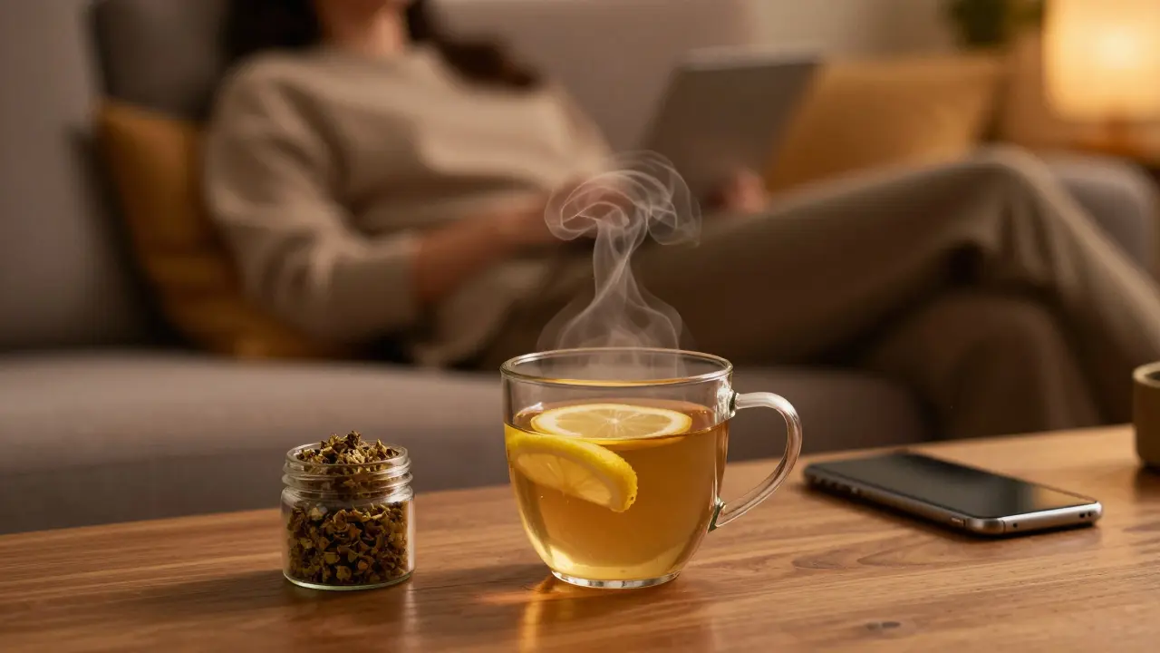 Hřejivý čaj z CBD květiny v klidné večerní atmosféře