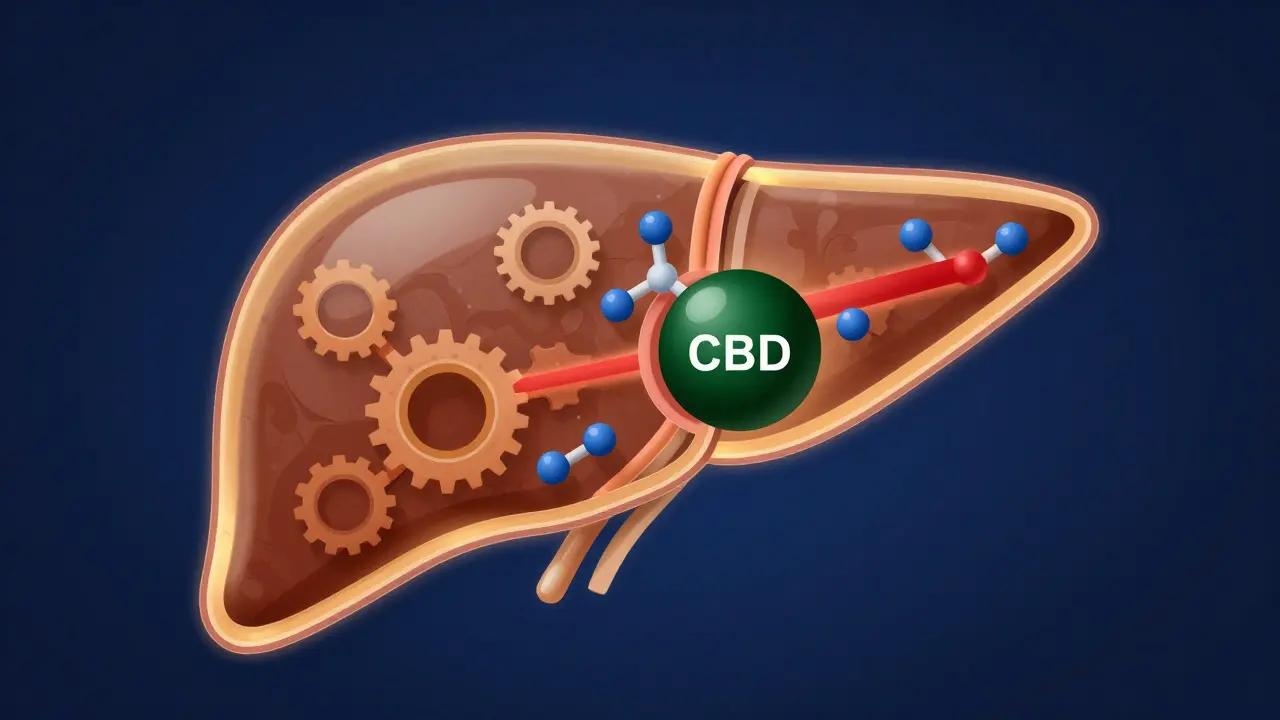 Ilustrace jater, kde molekuly CBD blokují enzymatické dráhy pro odbourávání léků