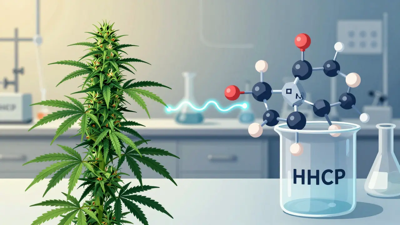 Ilustrace přeměny THC na HHCP v laboratoři pomocí vodíku