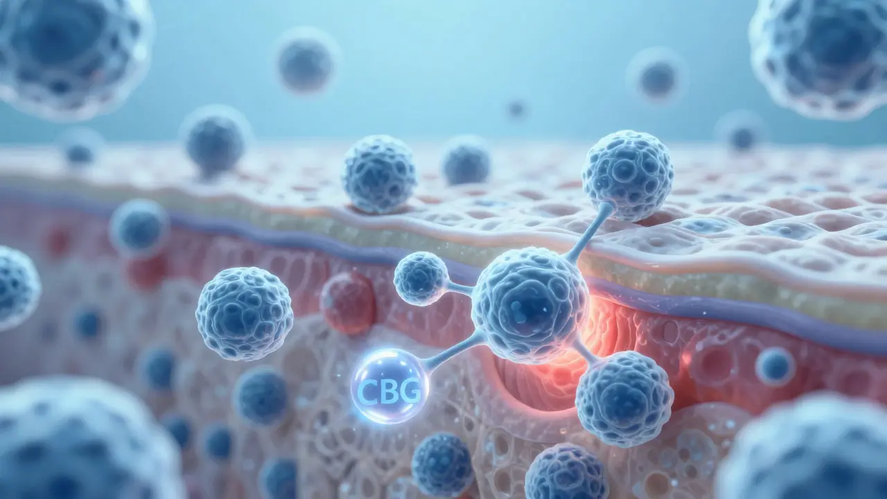Konceptuální zobrazení molekul CBG působících na kožní buňky