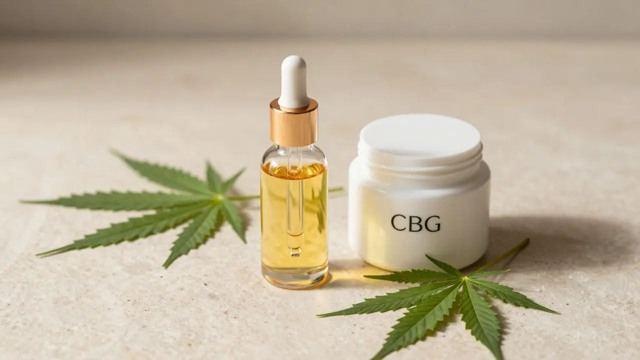 Luxusné kosmetické produkty s extraktem CBG na mramoru
