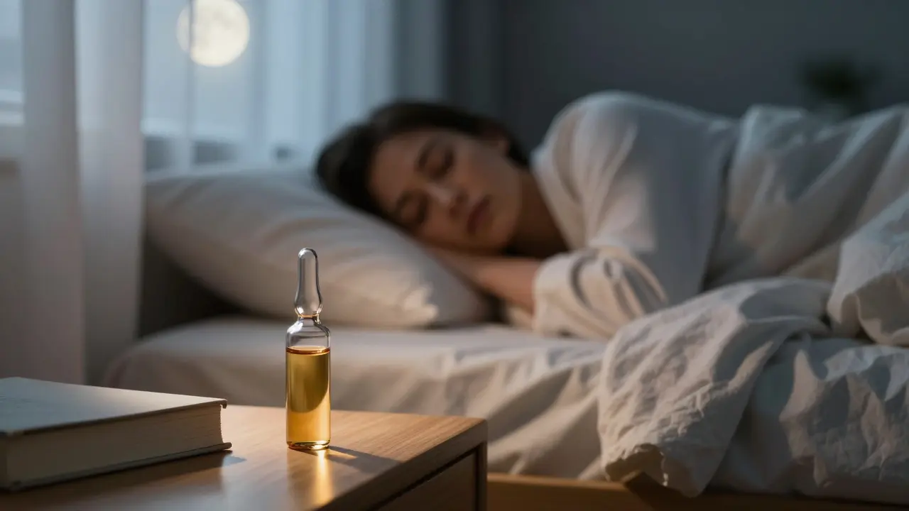 Relaxovaná osoba spící v klidné ložnici s lahví oleje