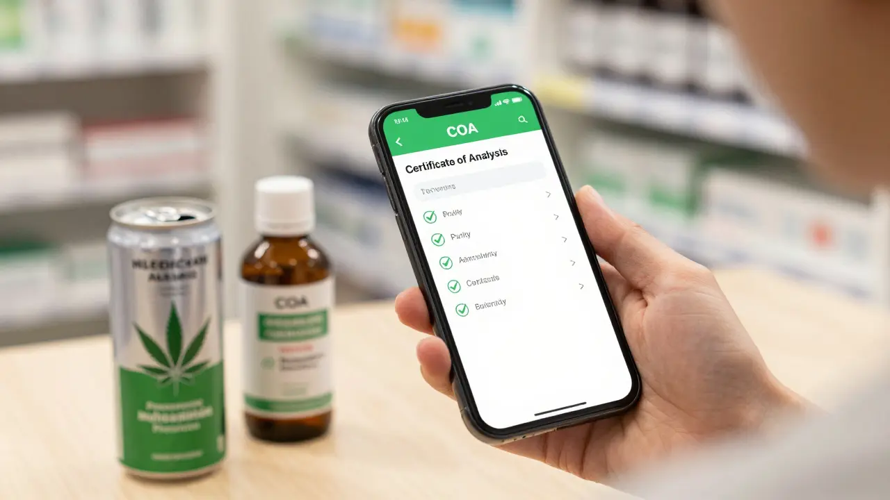 Spotřebitel kontroluje certifikát analýzy pro ověření kvality konopného produktu.
