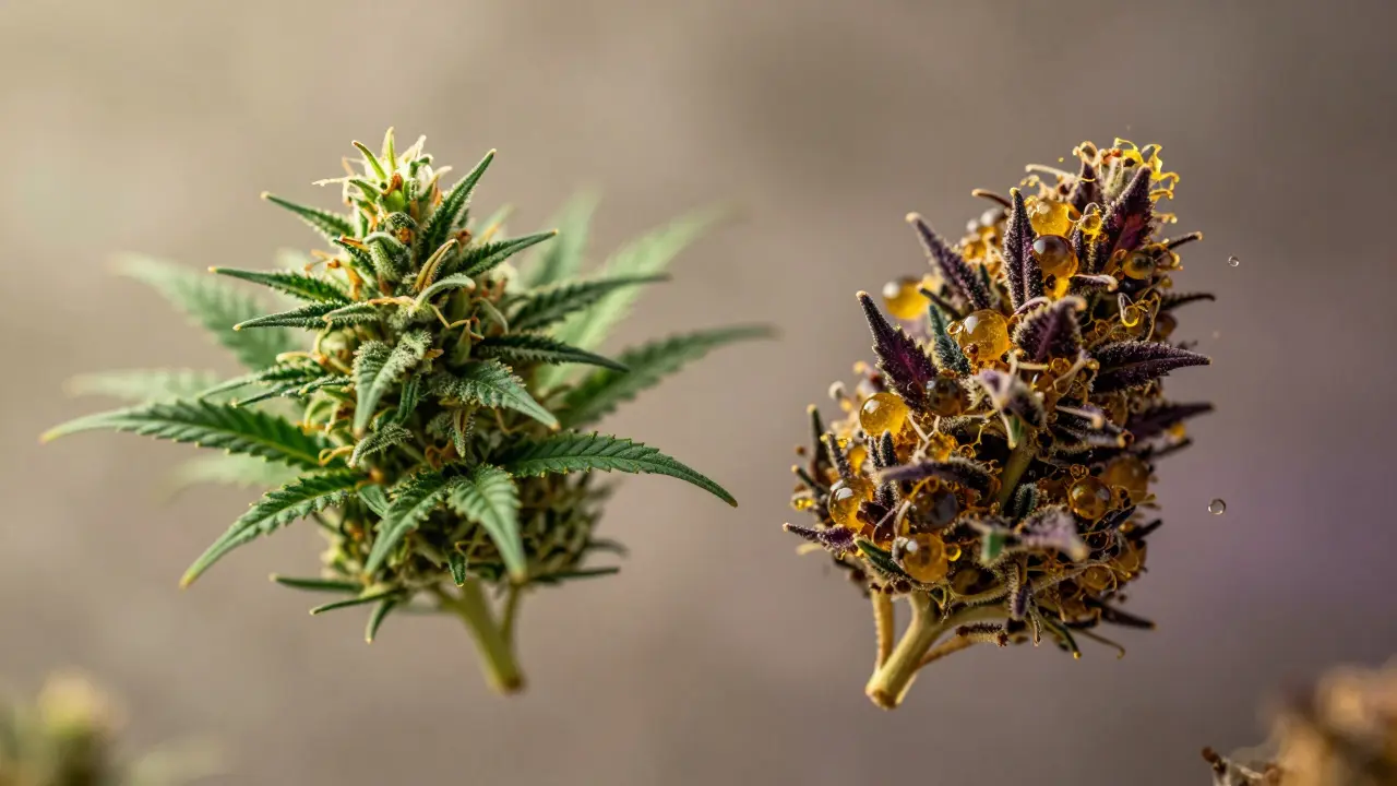 Dvě konopné květy symbolizující rozdílné účinky THC a HHC
