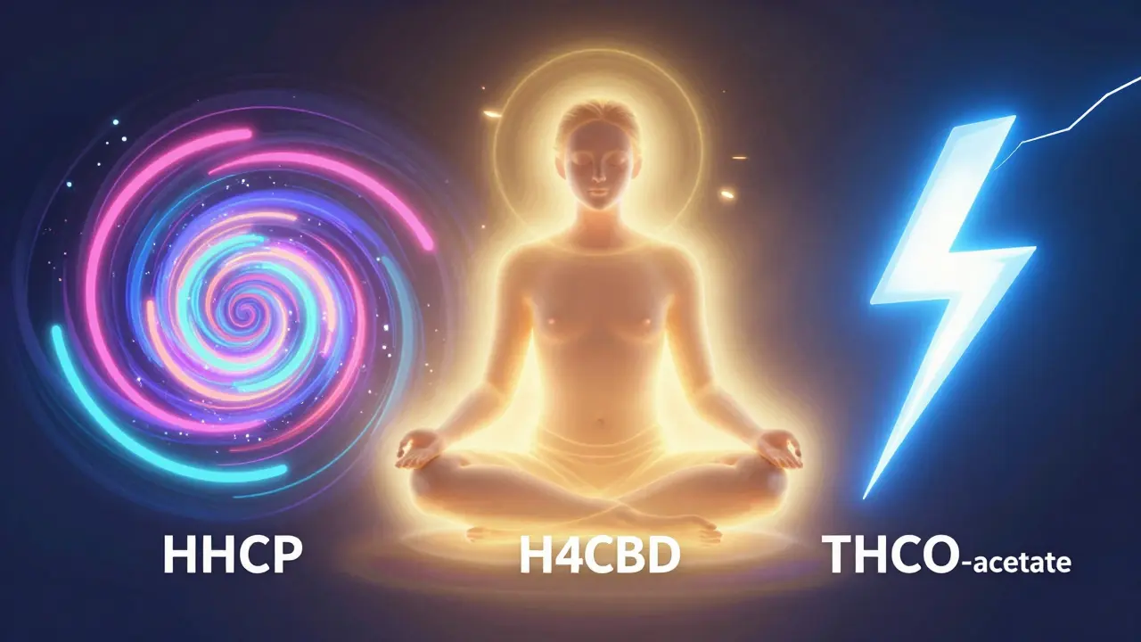Konceptuální srovnání účinků H4CBD, HHCP a THCO