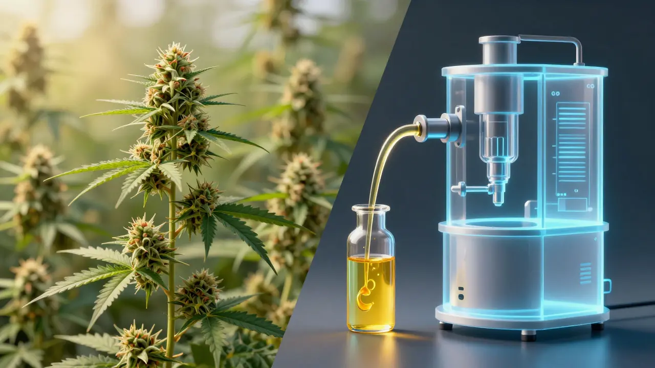Konopné květy přecházející do technologie extrakce CO2 a čistého oleje
