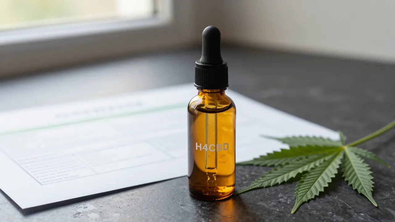 Láhev H4CBD oleje s certifikací a konopnými listy