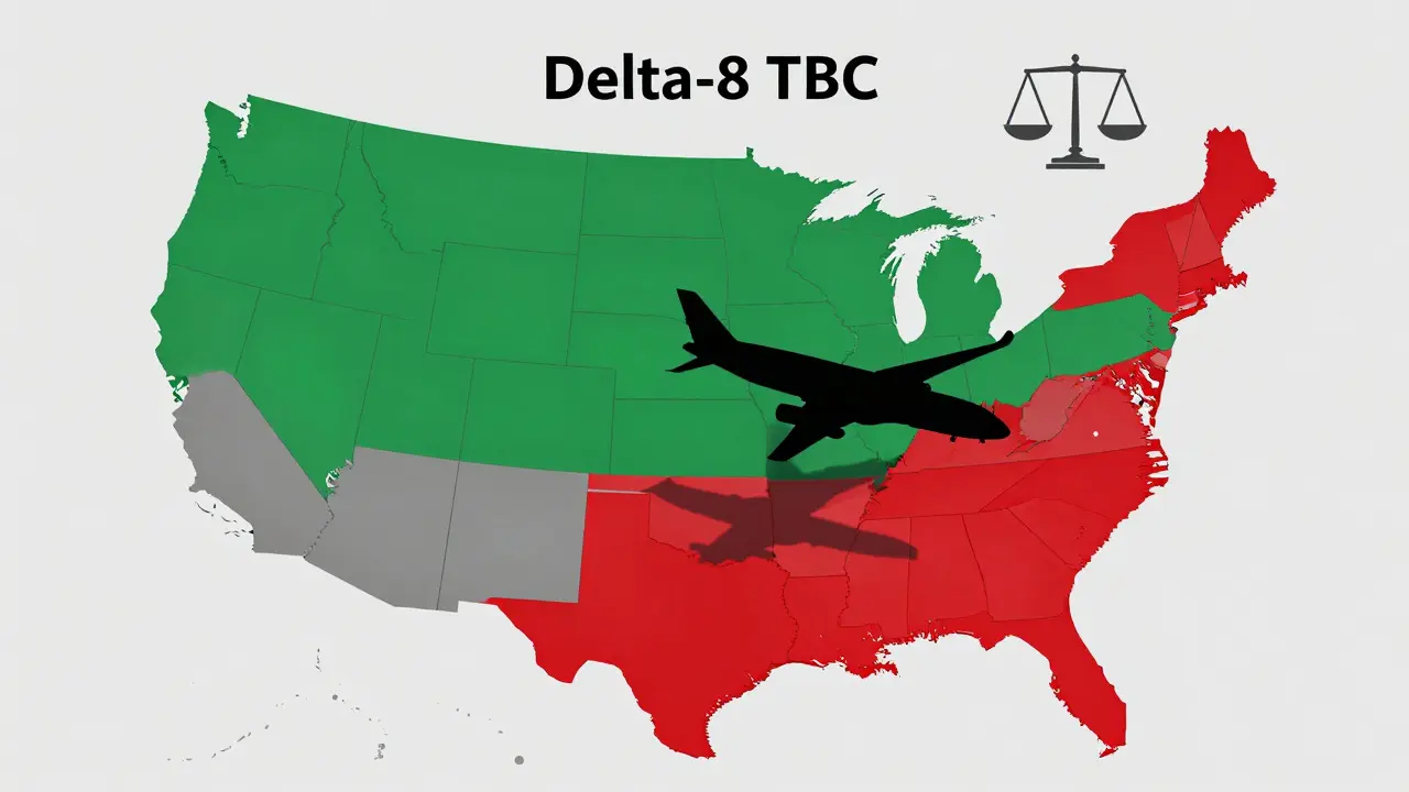 Mapa USA zobrazující rozdílnou legalitu Delta-8 ve státech