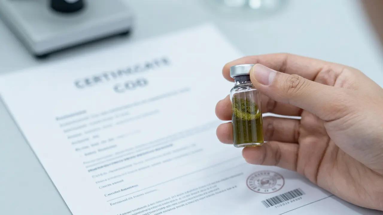 Sklenice s CBD crumblem vedle certifikátu analýzy