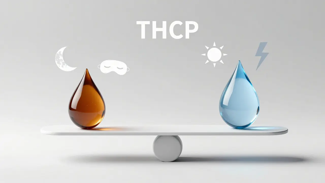Symbolické porovnání účinků THCP a THCV na váhách