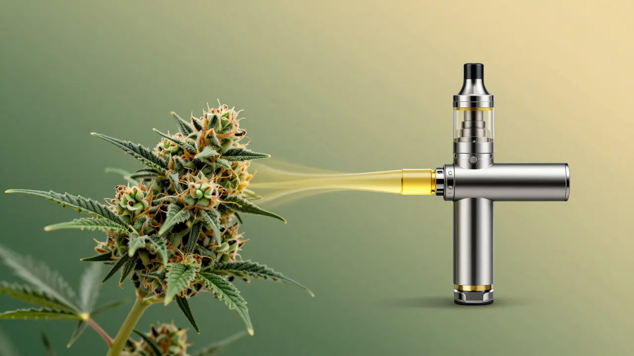 Umělecká ilustrace květu konopí přecházejícího do vape produktu