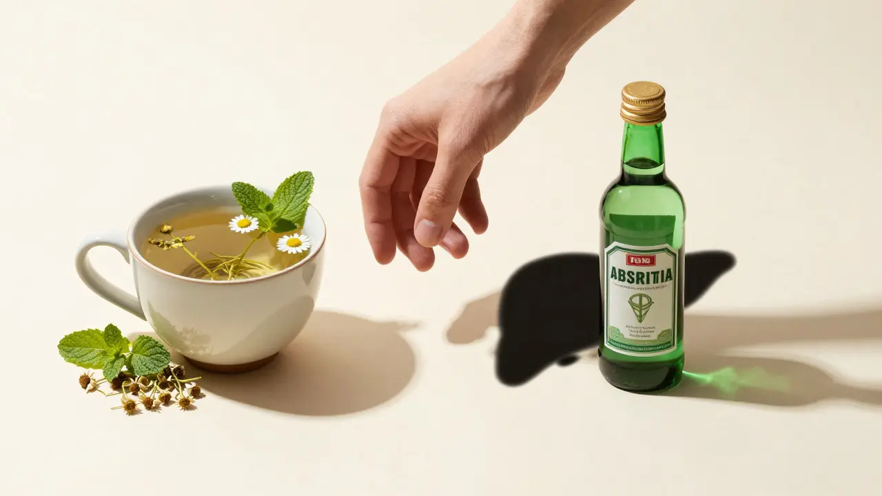 Bezpečný čaj oproti stínu lahve absintu