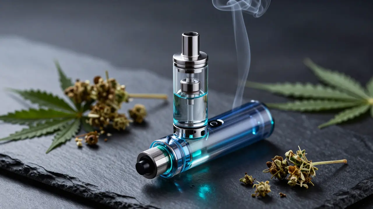 CBD kartuše pro vaping s konopnými květy na tmavém pozadí