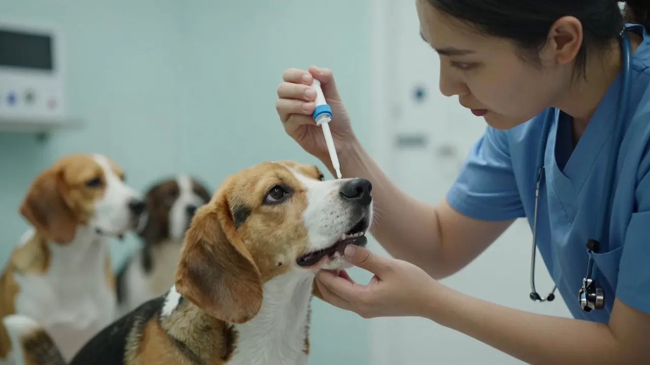 Majitel podává kapky CBD úzkostnému psu u veterináře