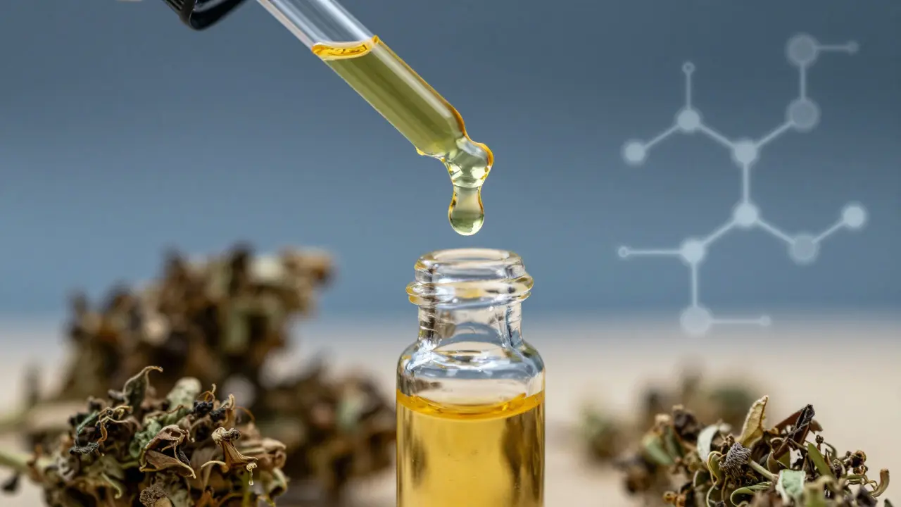 Dropper dispensing oil into a vial next to hemp buds