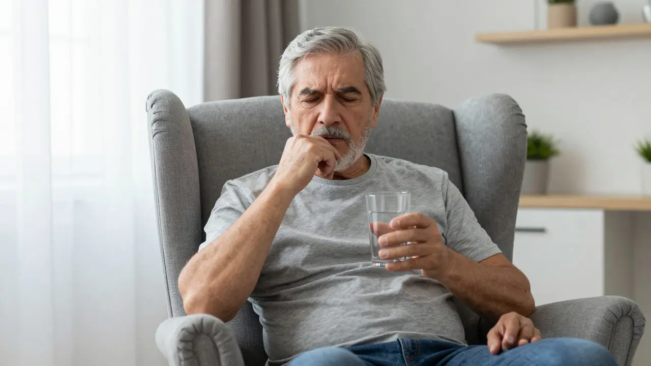 Unavený senior sedící v křesle, který pije vodu kvůli suché ústní dutině