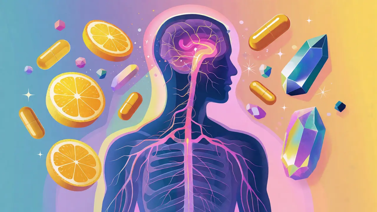 Ilustrace lidského těla s plovoucími vitamíny chránícími mozek
