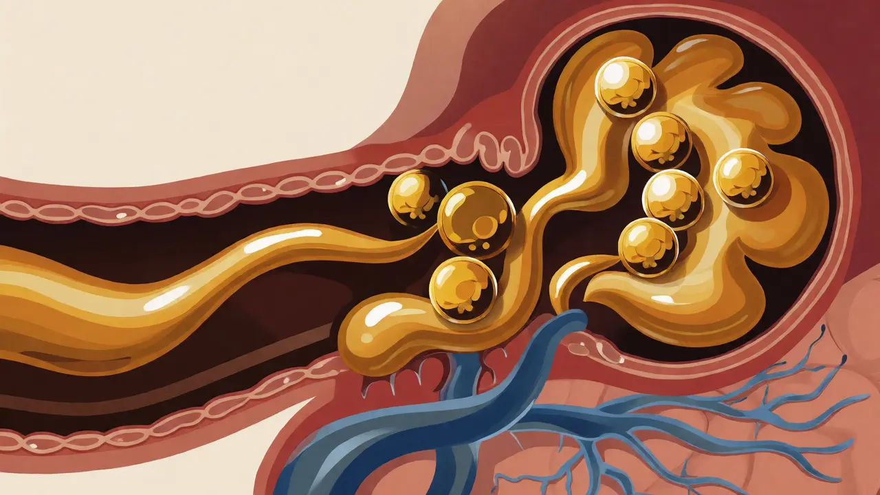Ilustrace vstřebávání CBD molekul do tuků v trávicím ústrojí pro lepší biodostupnost.