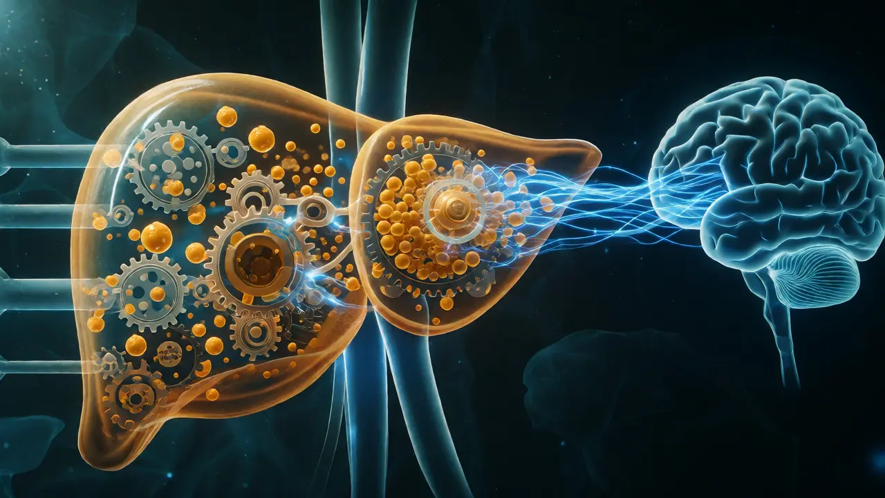 Konceptuální ilustrace metabolismu THC v játrech a přenosu do mozku.