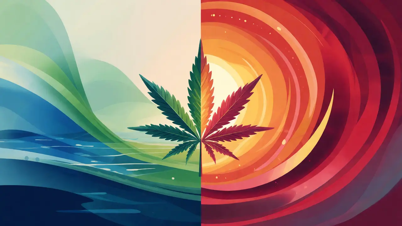 Konceptuální ilustrace rozdílu mezi uklidňujícím CBD a psychoaktivním THC