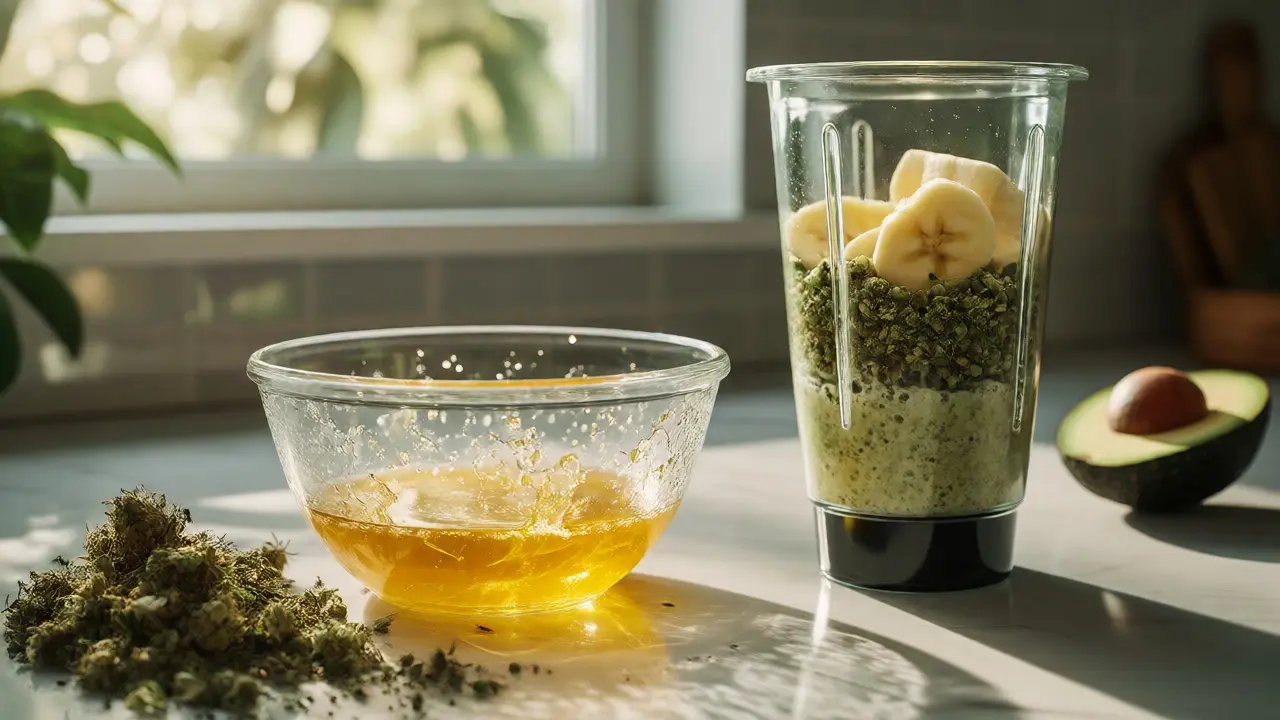 Mísa s olejem infuzovaným kanabinoidy vedle mixéru na smoothie