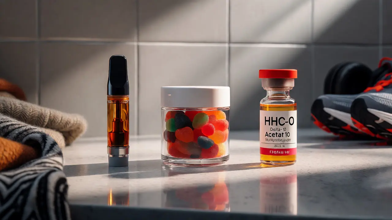 Produkty s kanabinoidy na pultu, obklopené rekvizitami pro relaxaci i aktivitu.