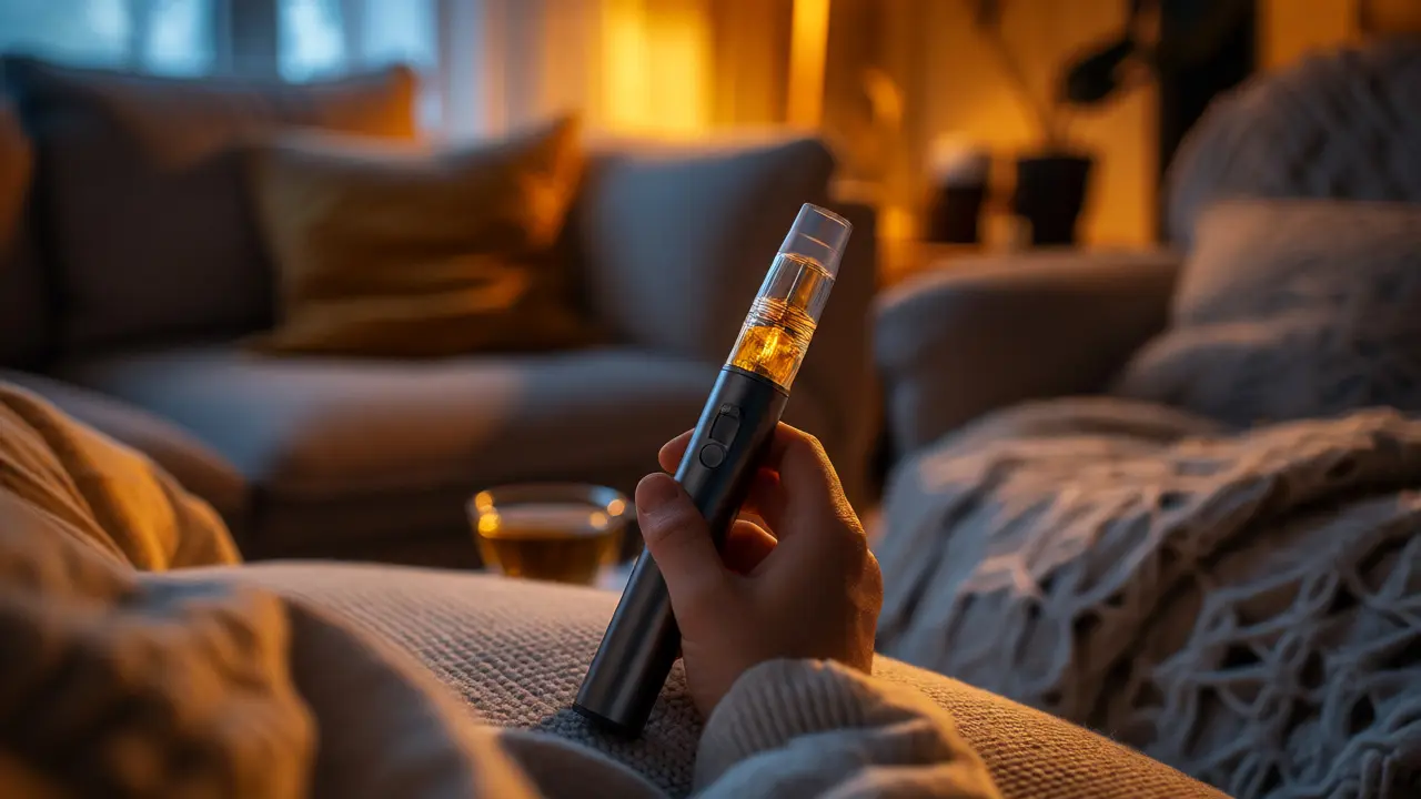 Ruka držící moderní vaporizér s CBD crumble v útulném večerním prostředí