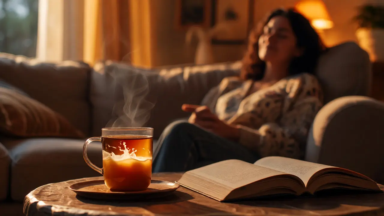 Šálek teplého nápoje s mlékem v útulném prostředí pro večerní relaxaci.