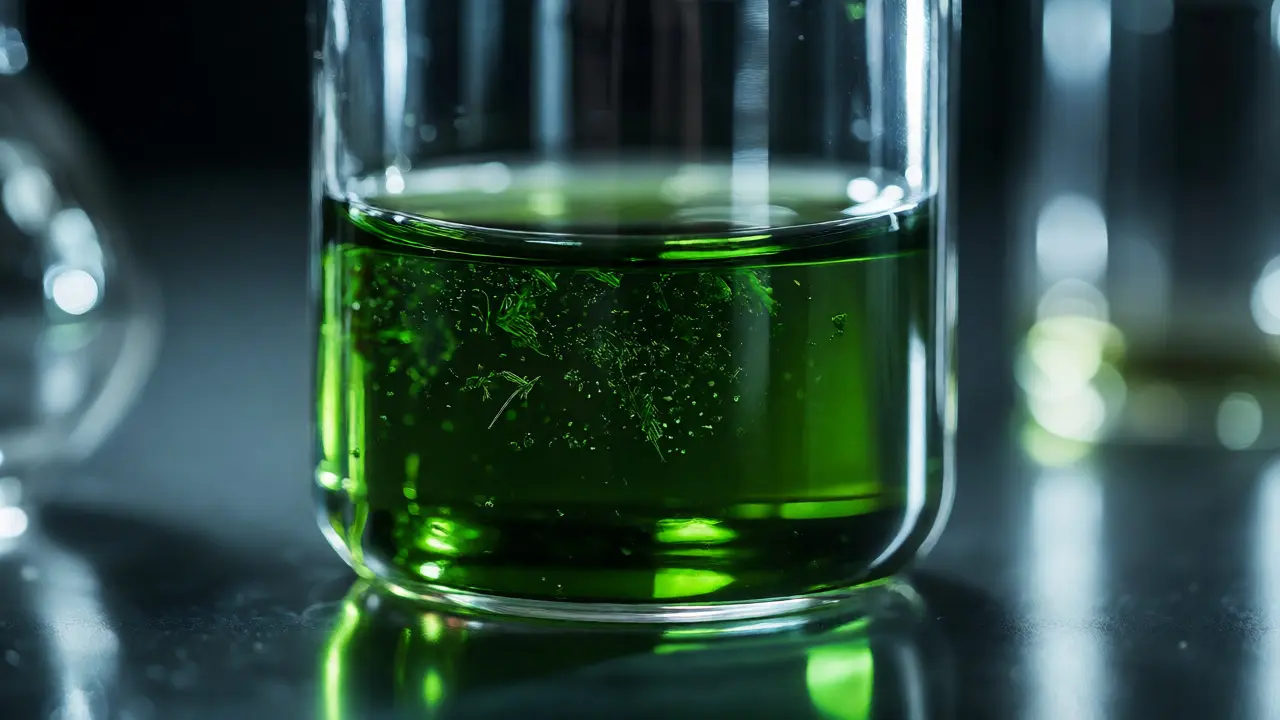 Skleněná baňka se zeleným ethanolským extraktem kanabinoidů