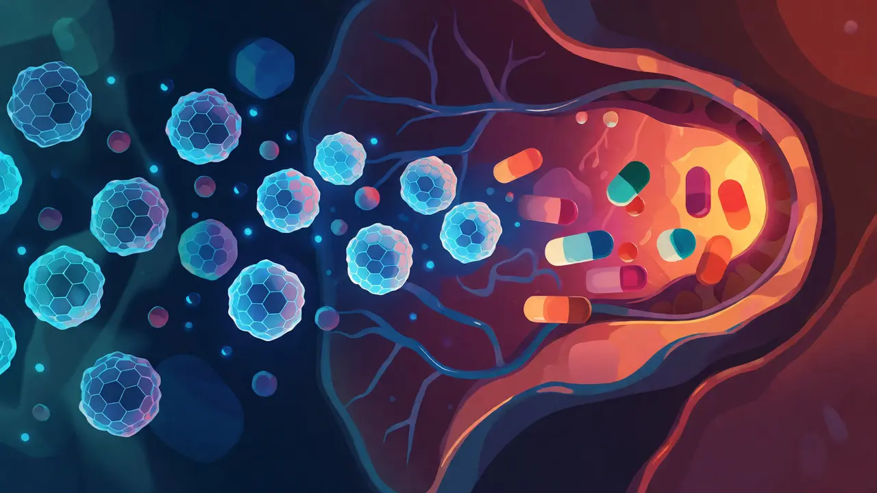 Abstract visualization of CBN molecules interacting with liver enzymes.