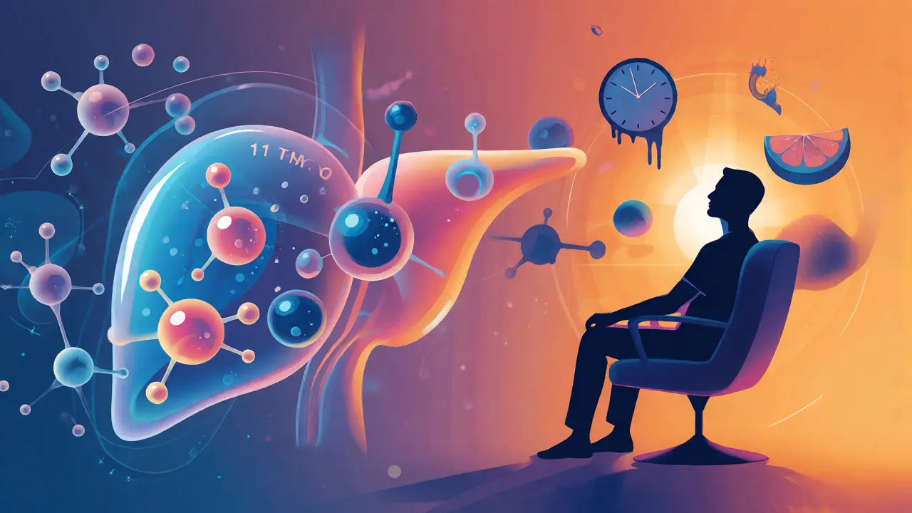 Abstraktní ilustrace metabolismu THC v těle s motivem citronu a času.