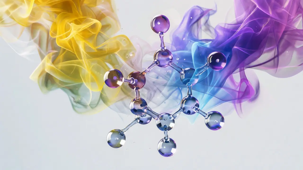 Abstraktní vizualizace molekuly Delta-8 a terpenů