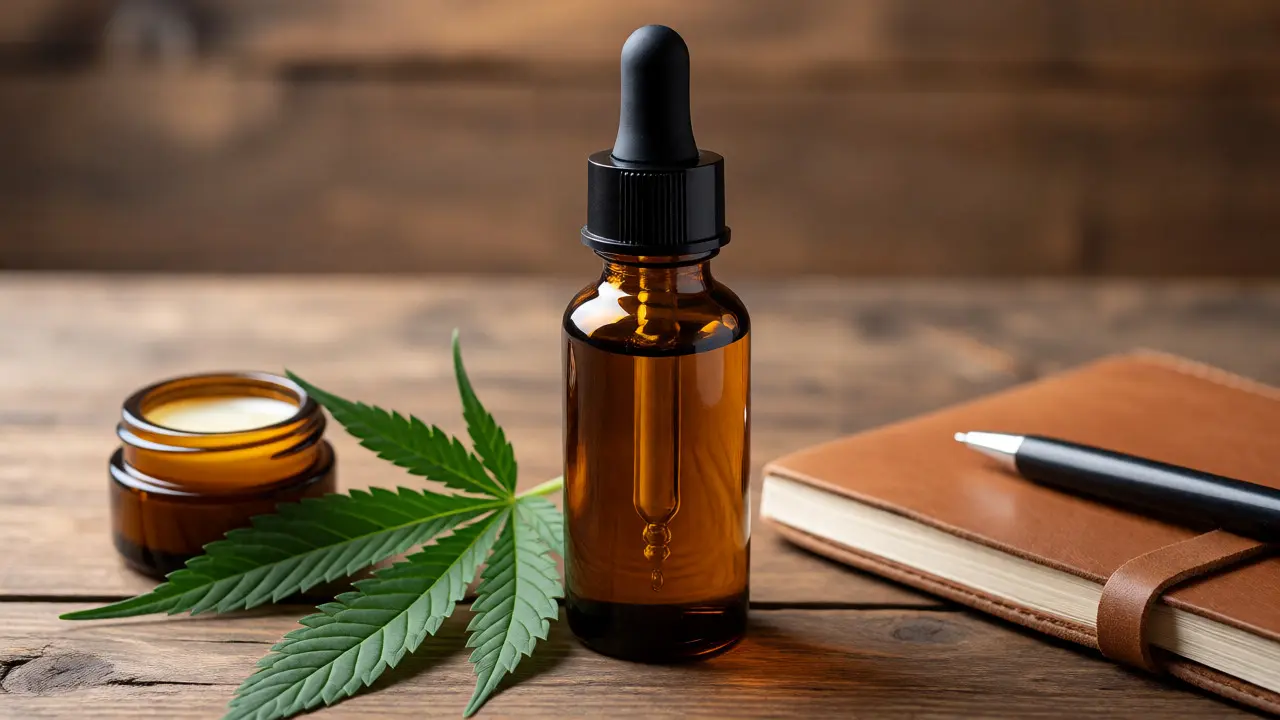 CBG oil and salve products with hemp leaves on wooden table