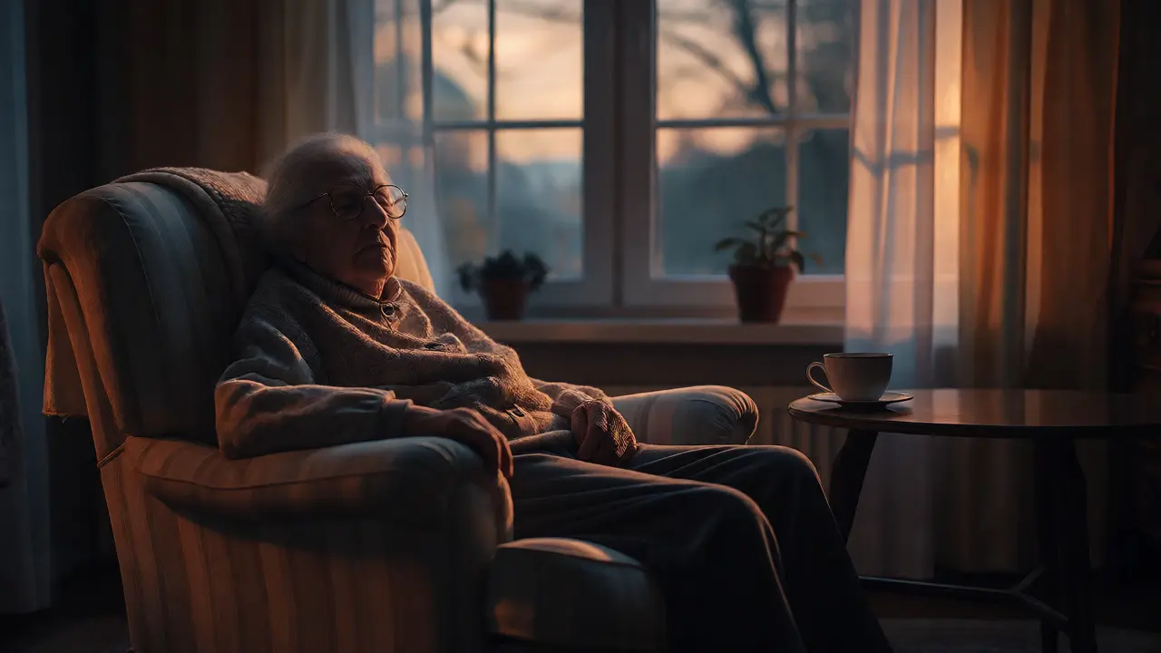 Elderly person relaxing in an armchair experiencing CBN-induced lethargy.
