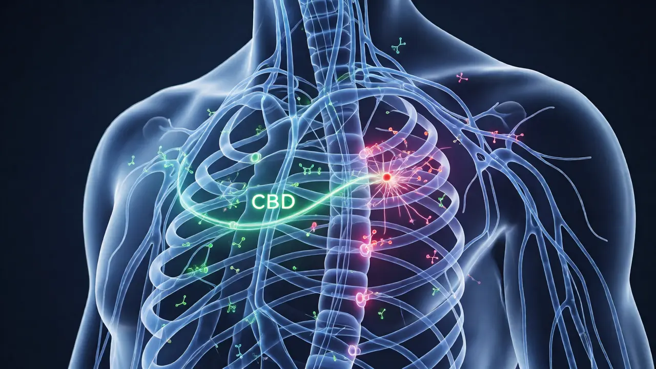 Konceptuální ilustrace interakce molekul CBD a THC s lidským nervovým systémem