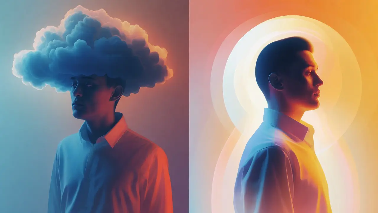 Konceptuální ilustrace kontrastu mezi únavou a jasnou energií THCV.