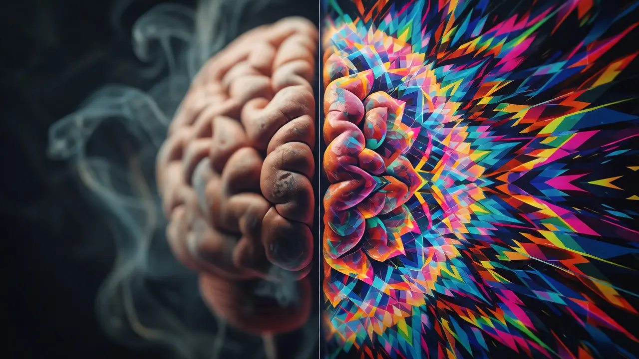 Konceptuální ilustrace rozdílu mezi rozmazaným vnímáním od alkoholu a jasnými vzory psychedelik.