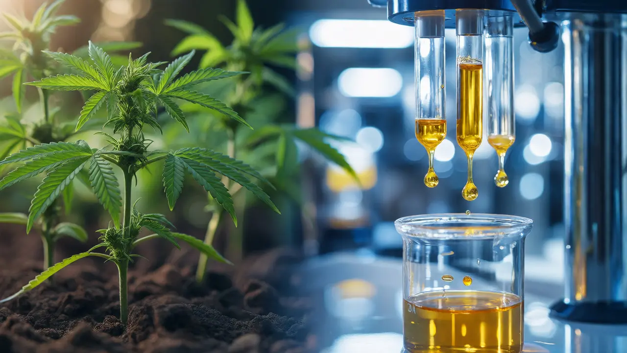 Makro snímek spojující rostoucí konopí a laboratorní extrakci oleje.