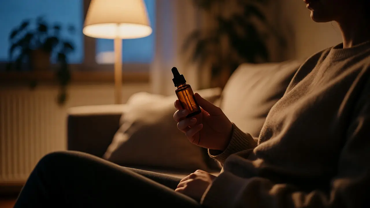 Osoba relaxující večer doma s produktem H4CBD v útulném prostředí