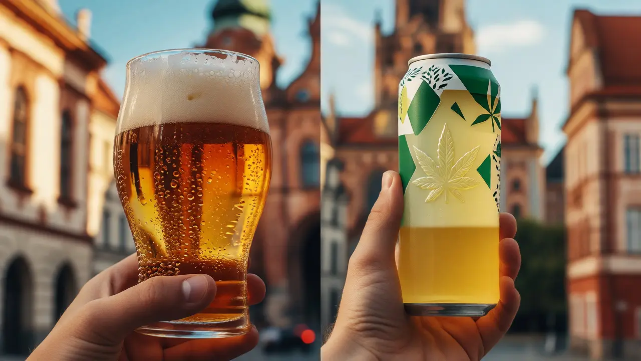 Porovnání sklenice piva a plechovky CBD nápoje v ruce